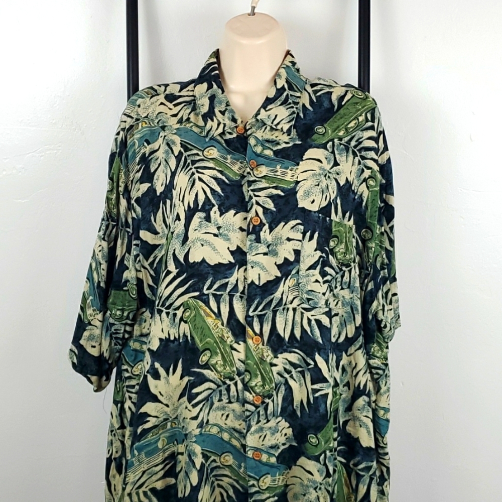 Hana Bay rayon Hawaii shirt buttons up green blue cars men size XL